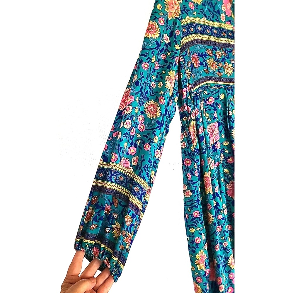 Prairie Boho Tassel Tied Midi Dress Women's M Blue-Green Floral Balloon Sleeve - Picture 3 of 10